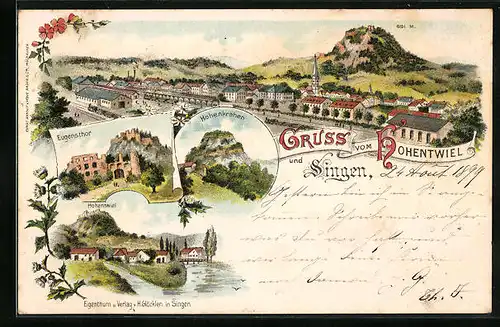 Lithographie Singen /Hohentwiel, Eugensthor, Hohenkrähen, Ortsansicht