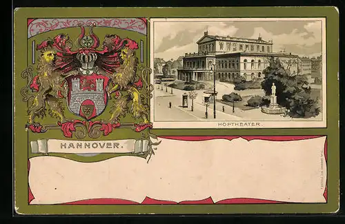 Passepartout-Lithographie Hannover, Hoftheater und Stadtwappen
