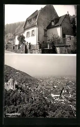 AK Heidelberg, Ortsansicht aus der Vogelschau und altes Haus