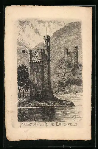 Künstler-AK Carl Jander: Mäuseturm und Ruine Ehrenfels