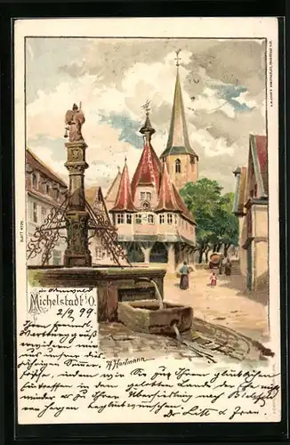 Lithographie Michelstadt i. O., Ortspartie