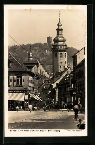 AK Durlach, Strasse mit Blick auf den Turmberg