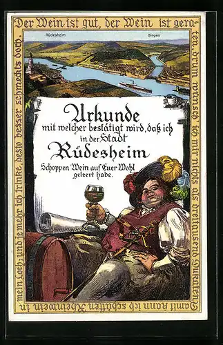 Künstler-AK Rüdesheim, Ortsansichten Rüdesheim und Bingen, Weintrinker