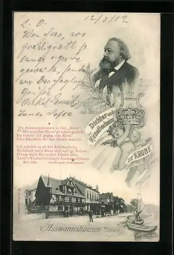 Künstler-AK Assmannshausen /Rhein, Strassenpartie, Gedicht und Portrait von Ferdinand Freiligrath