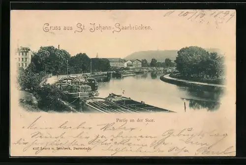 AK Saarbrücken-St. Johann, Partie an der Saar, mit Frachtkähnen