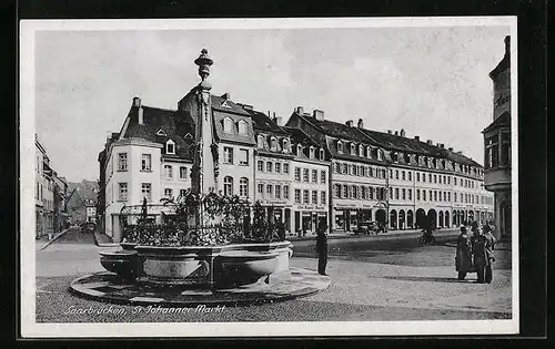 AK Saarbrücken-St. Johann, Markt mit Brunnen und Geschäften