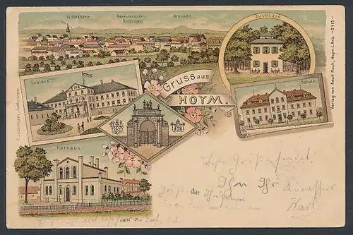 Lithographie Hoym, Buschhaus, Schule, Schloss, Rathaus
