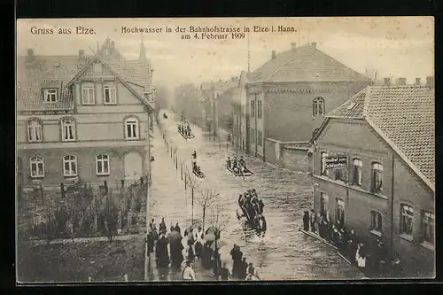 AK Elze, Hochwasser in der Bahnhofstrasse am 4.2.1909