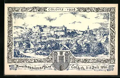 Künstler-AK Colditz i. Sa., Zweites Heimatfest 3.-5.7.1926, Ortsansicht ann 1926, Festpostkarte