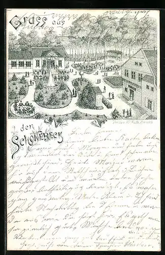 Lithographie Wuppertal, Gasthaus Schönebeck mit Garten-Anlagen