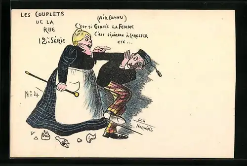 Künstler-AK Philippe Norwins: Les Couplets de la Rue, 12e Serie No. 4 - Frau verprügelt Mann