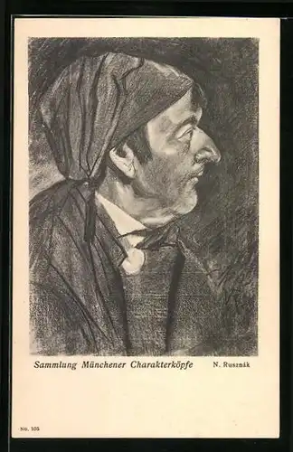 Künstler-AK München, Münchener Charakterkopf mit gebogener Nase und Schlafmütze