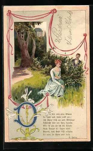 Lithographie Liebes-Alphabet Buchstabe D, Dame pflückt Blumen, Verehrer beobachtet sie