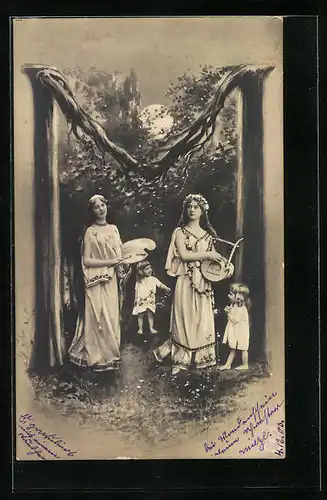 AK Liebes-Alphabet Buchstabe M, Harfespielende und malende Frau mit Kindern