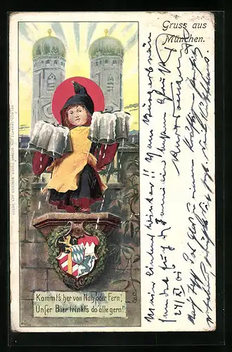 Präge-AK München, Münchner Kindl läd zum Biertrinken ein