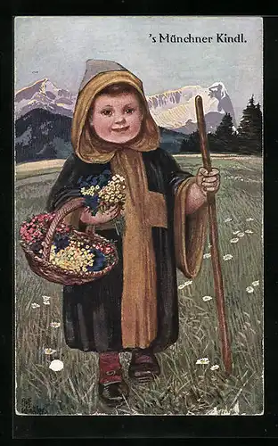 Künstler-AK München, Münchner Kindl beim Pflücken von Blumen