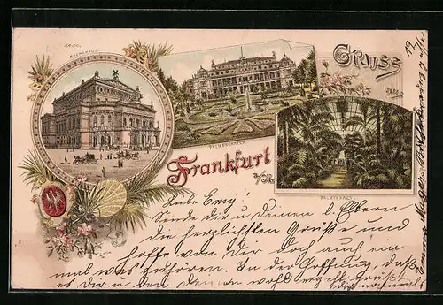 Lithographie Frankfurt /Main, Opernhaus, Palmengarten, Palmenhaus