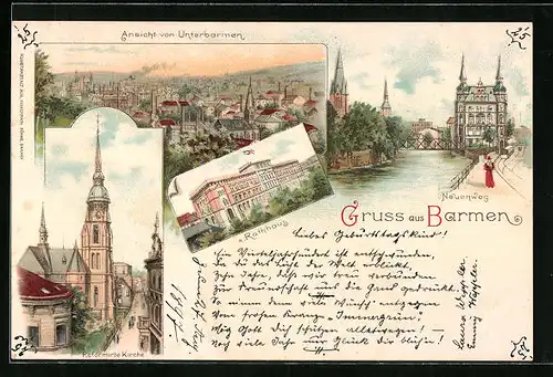 Lithographie Barmen, Reformierte Kirche und Neuenweg