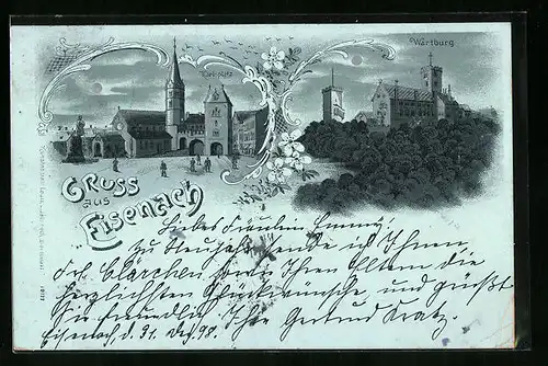 Mondschein-Lithographie Eisenach, Karlsplatz und Wartburg