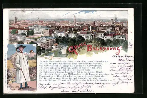 Lithographie Braunschweig, Gesamtansicht und Bortfelder Bauer