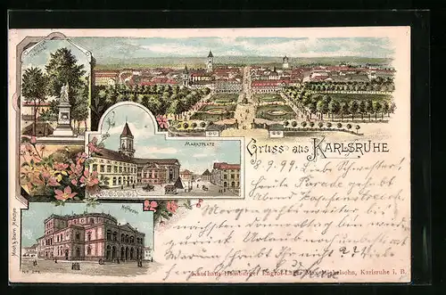 Lithographie Karlsruhe, Marktplatz, Hoftheater, Denkmal