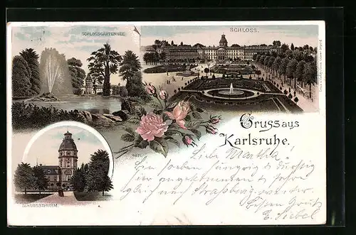 Lithographie Karlsruhe, Schlossgartensee, Schlossturm