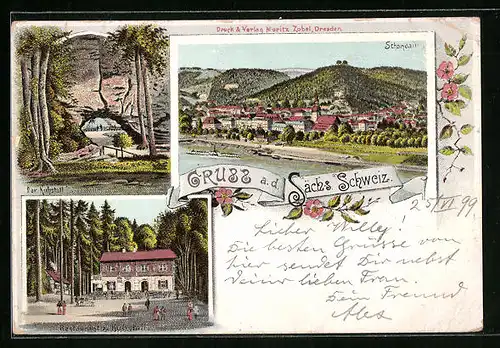 Lithographie Bad Schandau, Kuhstall und Restaurant