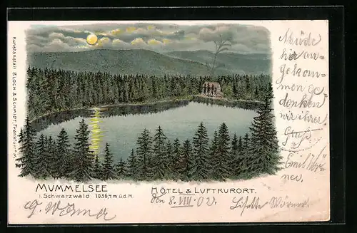 Lithographie Mummelsee i. Schwarzwald, Blick auf Hotel und Luftkurort