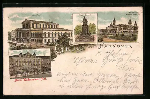 Lithographie Hannover, Königl. Theater, Krieger-Denkmal, Welfenschloss u. Technische Hochschule