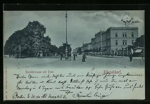 Mondschein-AK Düsseldorf, Blick in die Heroldstrasse mit Post