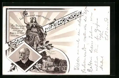Lithographie Friedrichsruh, Hotel u. Pension Werner, Niederwald-Denkmal, Fürst Bismarck