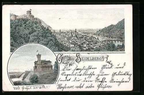 Lithographie Heidelberg, Ortsansicht mit Philisophenhöhe