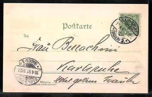 Lithographie Karlsruhe, Schloss, Marktplatz, Rathaus