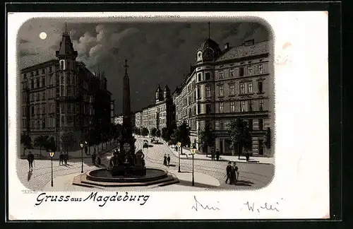Lithographie Magdeburg, Hasselbach Platz und Breiteweg