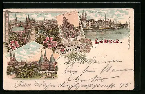 Lithographie Lübeck, Schifferhaus, Hafen, Dom