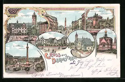 Lithographie Darmstadt, Marktplatz, Rheinstrasse, Denkmal