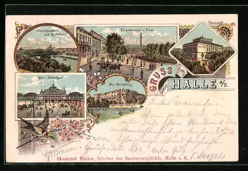 Lithographie Halle a. S., Promenade und Post, Universität