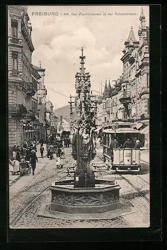 AK Freiburg i. Br., Strassenbahn am Fischbrunnen in der Kaiserstrasse