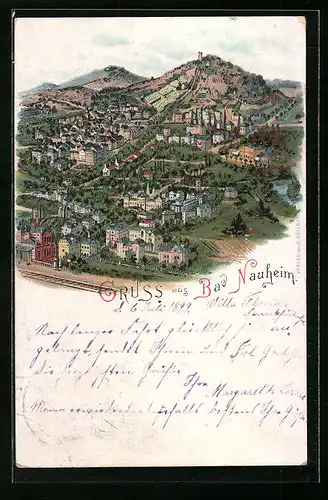 Lithographie Bad Nauheim, Panorama der Ortschaft