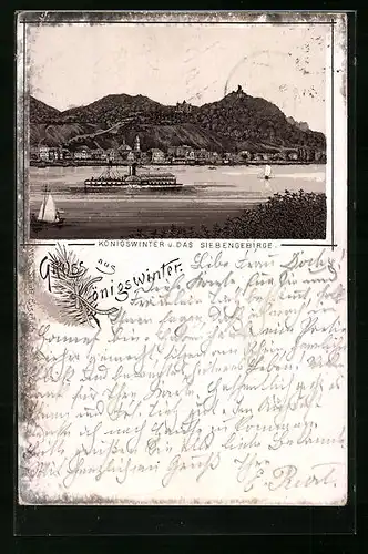 Lithographie Königswinter, Panorama mit Dampfer und Siebengebirge