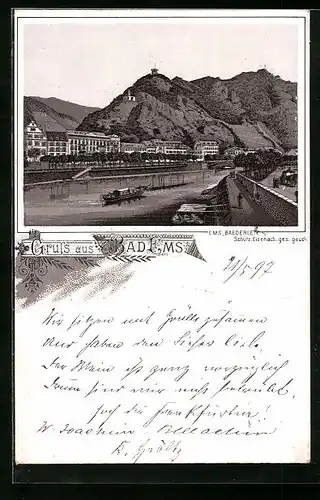 Lithographie Bad Ems, Panorama mit Flusspartie