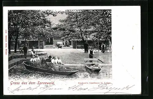 AK Leipe, Ruderboote auf See vor Gasthaus Buchan im Spreewald