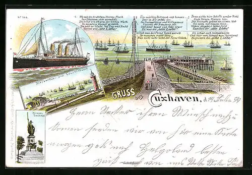 Lithographie Cuxhaven, Seepavillons und Leuchtturm, Krieger-Denkmal
