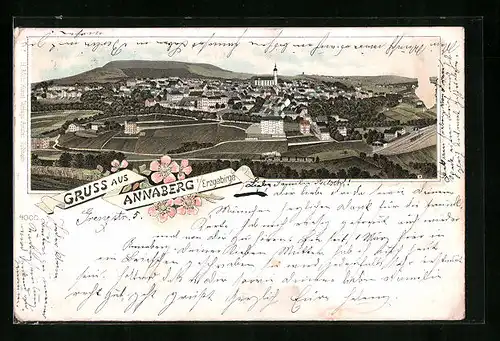 Lithographie Annaberg /Erzgebirge, Ortsansicht mit Kirche
