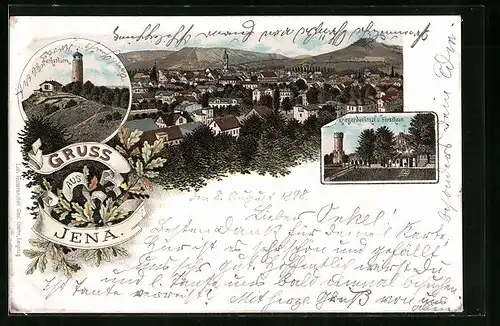 Lithographie Jena, Fuchsturm, Kriegerdenkmal und Forsthaus