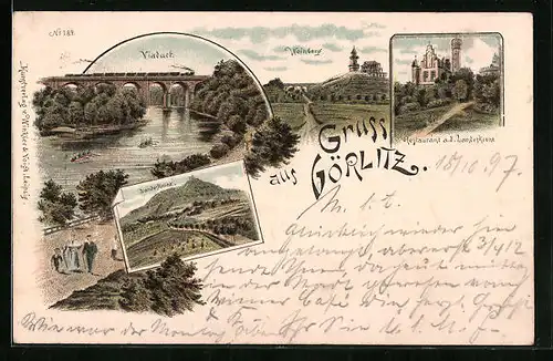 Lithographie Görlitz, Viaduct, Weinberg, Restaurant a. d. Landeskrone