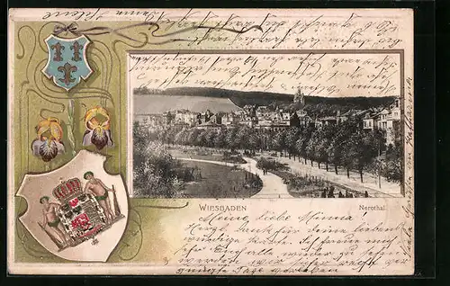 Passepartout-Lithographie Wiesbaden, Strassenpartie im Nerothal mit Blick auf Schloss