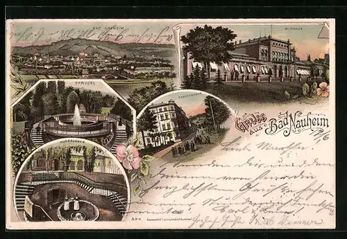 Lithographie Bad Nauheim, Kurhaus, Sprudelbrunnen, Parkstrasse