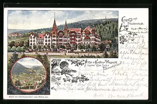 Lithographie Freudenstadt, Hotel und Kurahus Waldeck mit Blick ins Christophtal