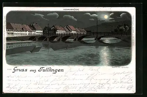 Lithographie Tuttlingen, Fluss mit Donaubrücke